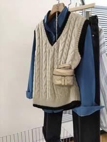 Franclia 女士优雅休闲麻花针织无袖上衣，显瘦又减龄，初秋新款 - 卡其色 - 查看 1