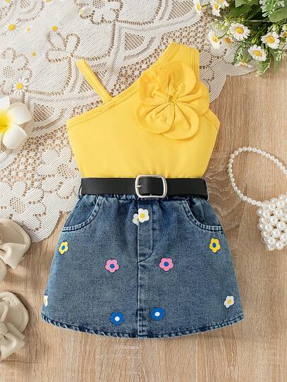 SHEIN Vintaside Kids Baby Girls Fashion Sweet Cute Street-Style Yellow Asymmetric Neck Strap Flower Decor Top Matching Blue Denim Skirt Floral Print 2Pcs Set, Summer