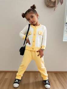 SHEIN Vintaside Kids 2件套女婴休闲可爱长袖条纹仿口袋针织开衫和裤子套装 - 黃色 - 查看 4