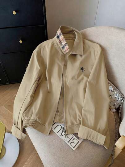 Airaco 休闲宽松拉链撞色图案印花长袖夹克