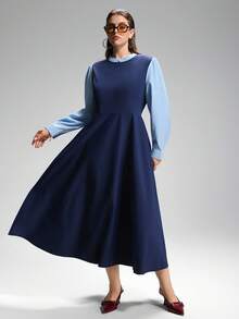LYSMO Plus Size 2 In 1 Contrast Color A-Line Long Casual Dress Dress Modest Blue Elegant Dress Women - Blue - View 5