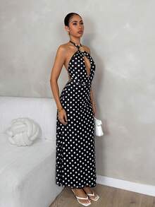 Glamine Đầm dệt kim chấm bi hở lưng không tay cổ yếm quyến rũ, trang phục đi nghỉ mát gợi cảm, đầm dự tiệc, đầm trang trọng cho nữ, đầm dạ hội, đầm lãng mạn, đầm du lịch nghỉ lễ, đầm đi học, đầm đi chơi, đầm chấm bi cổ yếm cho nữ, đầm chấm bi nữ, đầm chấm bi, đầm chấm bi, đầm trễ vai, đầm quấn, đầm thanh lịch cho nữ, trang phục đi biển cho nữ. - Đen và trắng - Xem 3