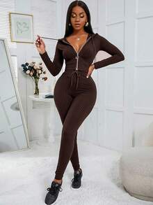 Zolique Women's Solid Color Long Sleeve Zip-Up Hooded Top And Drawstring Pants Casual 2 Pieces Set, Autumn - Brown - View 4