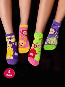 Teletubbies X SHEIN 4双柔软透气吸湿排汗休闲女士短袜，卡通图案可爱，时尚绿色、紫色和粉色短袜，加固脚趾和脚跟，经久耐用，适合所有季节，适合夏季和冬季 - 彩色 - 查看 2