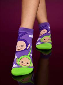 Teletubbies X SHEIN 4双柔软透气吸湿排汗休闲女士短袜，卡通图案可爱，时尚绿色、紫色和粉色短袜，加固脚趾和脚跟，经久耐用，适合所有季节，适合夏季和冬季 - 彩色 - 查看 10