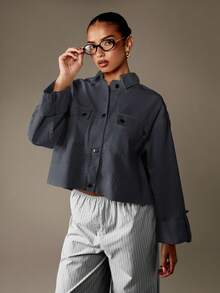 MISSGUIDED Cropped Button Front Denim Shirt Chest Pocket Long Sleeve Collared Jacket - Grey - View 6