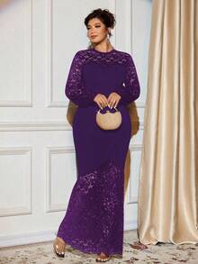 Cravure Women's Plus Size Knitted Elegant Wrap Bodycon Dress Sleeves Spliced Lace Lantern Sleeves Hem Spliced Triangle Lace Evening Dress Lace Dress Bodycon Dress - Purple - View 5