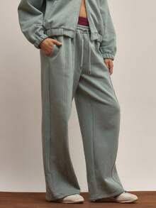 MUSERA Low Rise Oversized Seam Detail Wide Leg Joggers Tracksuit Bottoms Only Elegant Winter Work Cute Cosy Casual - Green - View 3
