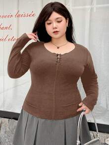 Dazy Plus Crew Neck Bow Decor Slim Fit Long Sleeve T-Shirt, Spring/Summer - Brown - View 4