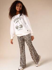 SUMWON Conjunto de sudadera con capucha y pantalón de estampado de cerezas y leopardo para niñas preadolescentes, de manga larga y uso casual en el hogar - Blanco - Ver 8
