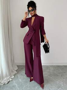 Siren Gaze 三件套时尚商务双排扣西装外套和裤子套装，女士西装裤套装，适合婚礼等正式场合，两件套女士裤装，圣诞红色女士浆果色三件套套装，休闲女装，适合通勤、复古和正式场合，例如商务休闲、工作和教学。 - 酒紅色 - 查看 7