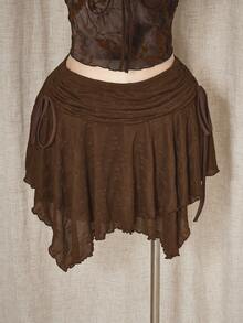 SHEIN ICON 大码女式波西米亚风格棕色纹理针织不对称迷你裙 - 棕色 - 查看 3