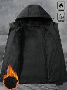 Manfinity Homme 男士保暖连帽绗缝外套，多口袋设计，宽松休闲百搭长袖羽绒服，适合商务、通勤和日常穿着，黑色法兰绒，秋冬款 - 黑色 - 查看 5