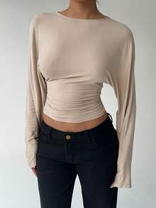 Aloruh Maglietta larga a maniche lunghe con vita stretta, colore unito, adatta per autunno/inverno - Albicocca - Visualizzare 7