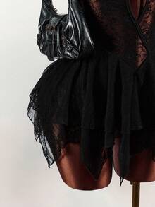 Y2K Amplova Black Deep V-Neck Backless Lace Patchwork Asymmetrical Punk Sexy Hem Sweet & Chic Street Style Mini Dress For Young Girls ,Autumn/Winter Thanksgiving And New Year,Party Dresses For Women,Christmas Party Dress,Party Dresses For Women,Dresses For Women Party - Black - View 9