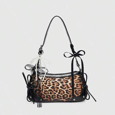 Kawaii Women's Retro Ballet Style Butterfly Decor Chain Leopard Print Faux Pearl Lace Decor Shoulder/Underarm Baguette Bag, Shoulder Bag, Animal Print Women Bag, Fall Winter Fashionable Cheetah Print Purse For Women, New Fall Winter Tiger Print Bag For Women