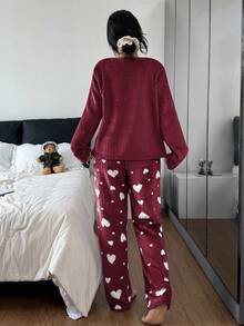 SHEIN Heart Fleece Long Sleeve Top & Pants Fluffy Pajama Set, Cozy Winter Clothes - Red - View 2