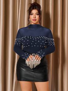 Cravure Plus Size Women Fashionable Elegant Party Beaded Decor T-Shirt, Flattering Fit For Daily Wear