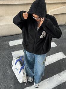 SHEIN EZwear Áo khoác nỉ có mũ trùm đầu họa tiết chữ cái cỡ lớn dành cho nữ, mùa thu/đông - màu đen - Xem 2