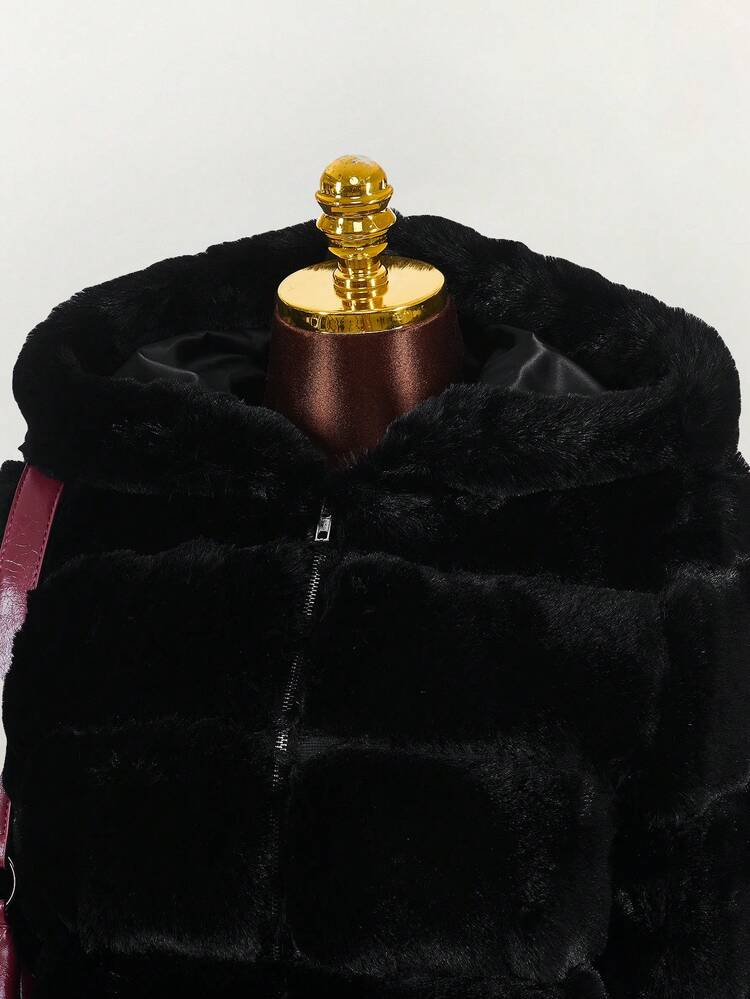 Amplova 女式纯色长袖拉链连帽人造毛皮饰边短款夹克，冬季 - 黑色 - 查看 5