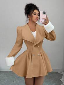 Elenzga 女士貂皮翻领袖口腰部 A 字型优雅日常通勤厚羊毛大衣 - 卡其色 - 查看 6