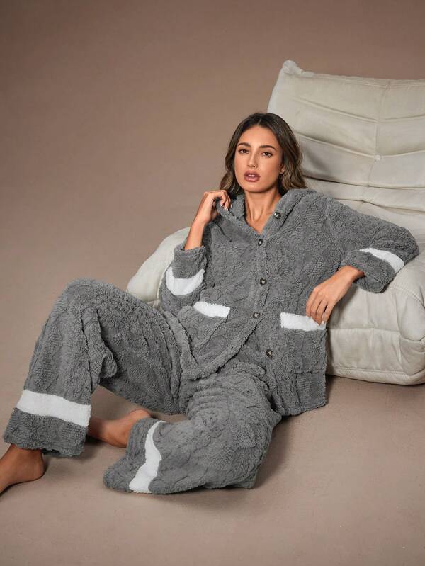 Lazeform Contrast Color Patchwork Dual Pocket Plush Jacquard Hooded Cardigan Women Loungewear Set, Winter Clothes Grey Pajama Set Cozy Sets Women Knit Pajama Set Women Lounge Set Womens Lounge Set