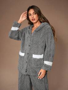 Lazeform Bộ đồ ngủ nữ vải Jacquard hai túi chắp vá màu tương phản, áo trùm đầu và quần dài, quần áo mùa đông, bộ đồ ngủ bông màu xám ấm áp, bộ đồ ngủ len bông cho nữ - Xám - Xem 6