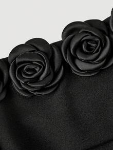 SHEIN MOD 女士优雅纯色3D立体花卉装饰连体裤，黑色连体裤，优雅黑色连体裤，玫瑰花装饰连体裤，吊带连体裤，阔腿连体裤，圣诞节，新年服装，圣诞派对服装，优雅，派对连体裤，时尚吸血鬼服装 - 黑色 - 查看 4