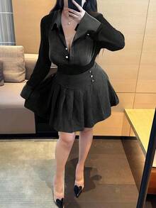 Vibekara Set da 2 pezzi composto da maglia a costine con contrasto di colore e gonna plissettata in vita elastica, taglie comode