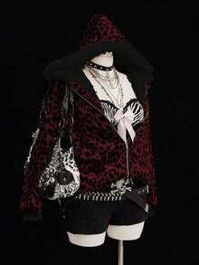 Sunspun Fashionable Leopard Print Velvet Hooded Faux Fur Lined Zip-Up Jacket - Multicolor - View 5