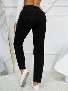 SHEIN Essnce Damen Einfarbige Lässig Alltagsjeans mit Gürtel - Schwarz - Übersicht 2