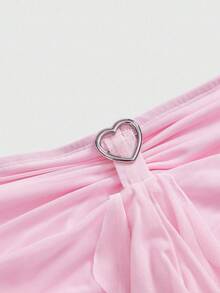 ROMWE Kawaii Damlinne med hjärtdekoration och rynkad, knytband i halsringning - Rosa - Visa 3