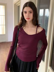 Dazy Kids Teen Girl Casual Everyday Commute Minimalist Solid Color Ribbed Asymmetrical Neck Fitted T-Shirt, Spring/Autumn - Red Violet - View 5