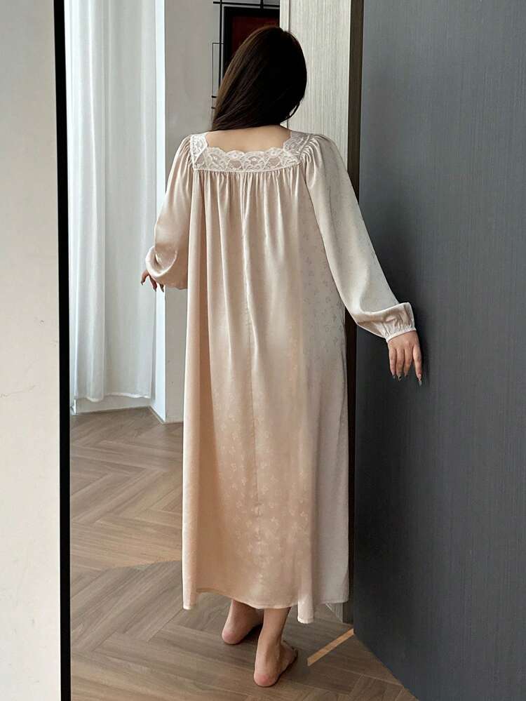 Dazy Plus Plus Size Women Elegant Lantern Sleeve Butterfly & Floral Contrast Lace Loose Long Nightgown Sleepwear, For Fall & Winter