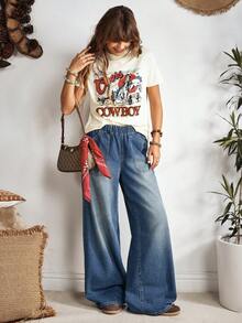 EMERY ROSE 女式松紧腰休闲宽松牛仔裤，带口袋，适合日常穿着 - 藍色 - 查看 4