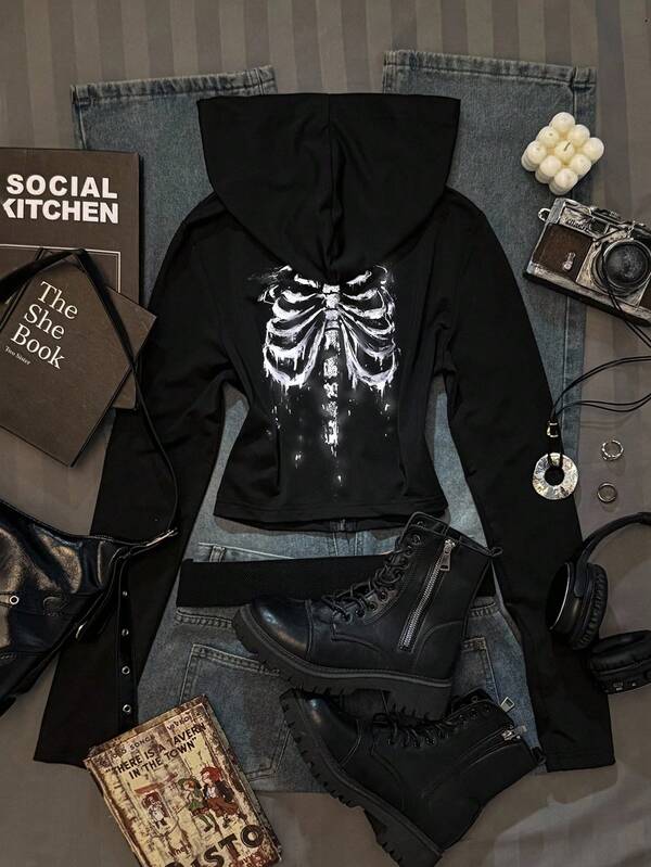 Attitoon Casual Vintage Style Street Melting Skull Bone Graphic Print Women's Solid Color Fitted Hoodie T-Shirt, Suitable For Autumn, Vintage, Preppy, Versatile, Sexy, Cute Y2K, Coconut Girl, Boho, Hippie, Music Festival