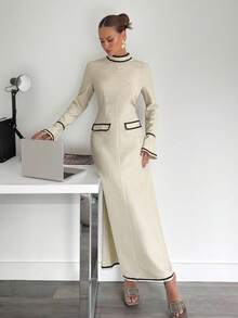 Siren Gaze 女士撞色镶边连衣裙、优雅办公室长袖连衣裙、鸡尾酒会晚礼服 - 杏色 - 查看 4