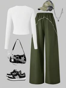 SHEIN Explorewe 2 件套青少年女孩海军蓝数字印花长袖圆领上衣和阔腿裤休闲装 - 軍綠色 - 查看 2