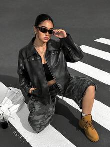 Veste  délavée et accentuée, style américain rétro, automne/hiver, grande taille - Noir - Voir 6