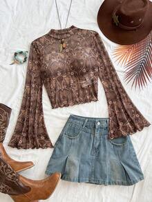 Soleia New Floral-Printed Trumpet-Sleeved Round-Neck Casual Top, Brown Check Pattern, Autumn Bohemian Style, Party And Carnival Theme No Chest Padding - Multicolor - View 4