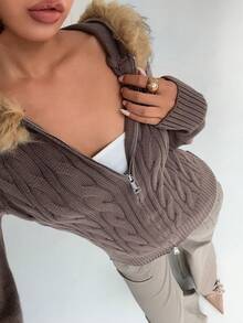 Aloruh 少女秋冬新款针织开衫，麻花针织拼布长袖棕色毛衣 - 棕色 - 查看 3