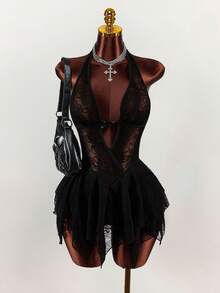 Y2K Amplova Black Deep V-Neck Backless Lace Patchwork Asymmetrical Punk Sexy Hem Sweet & Chic Street Style Mini Dress For Young Girls ,Autumn/Winter Thanksgiving And New Year,Party Dresses For Women,Christmas Party Dress,Party Dresses For Women,Dresses For Women Party - Black - View 4