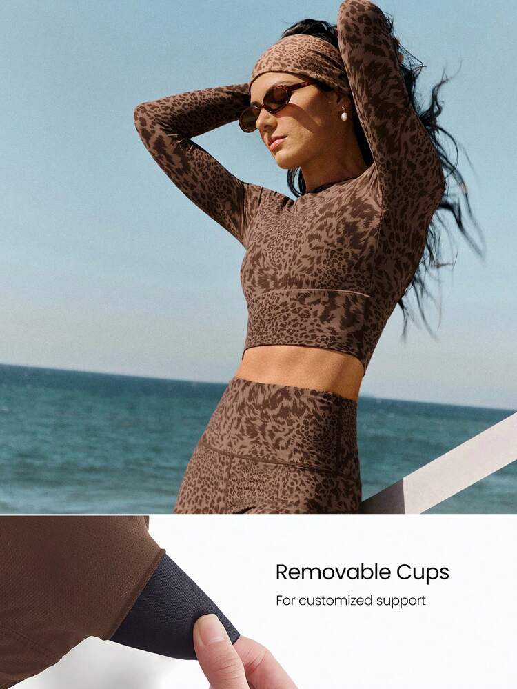 FeatherFit™ Leopard Criss Cross Backless Cropped Sports Long Sleeve Tee Low Impact Yoga Pilates Daily