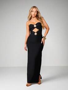 MISSGUIDED Vestido maxi ajustado sin tirantes con detalles de recortes y adornos de estrellas para ocasiones formales y de noche - Negro - Ver 3