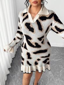 Elenzga Robe longue à manches longues ajustée avec col à volants imprimé léopard, élégante et confortable, grande taille - Multicolore - Voir 5
