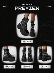 ROMWE Grunge Punk 女式深色朋克风格厚底粗跟短靴，哥特式金属链装饰坡跟踝靴，舒适战斗靴，万圣节 - 黑色 - 查看 6