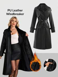 Ellevyn Women's Classic PU Leather Long Trench Coat With Faux Fur Collar, Autumn  Winter Clothes For Women   Fall Clothes For Women   Plush Autumn And Winter Cotton-Padded Jacket With Long Insulation - Black - View 1