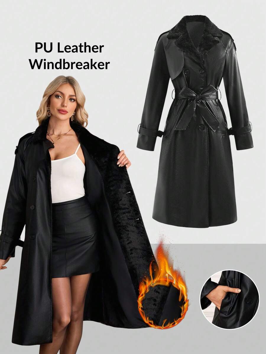 Ellevyn Women's Classic PU Leather Long Trench Coat With Faux Fur Collar, Autumn  Winter Clothes For Women   Fall Clothes For Women   Plush Autumn And Winter Cotton-Padded Jacket With Long Insulation - Black - View 1