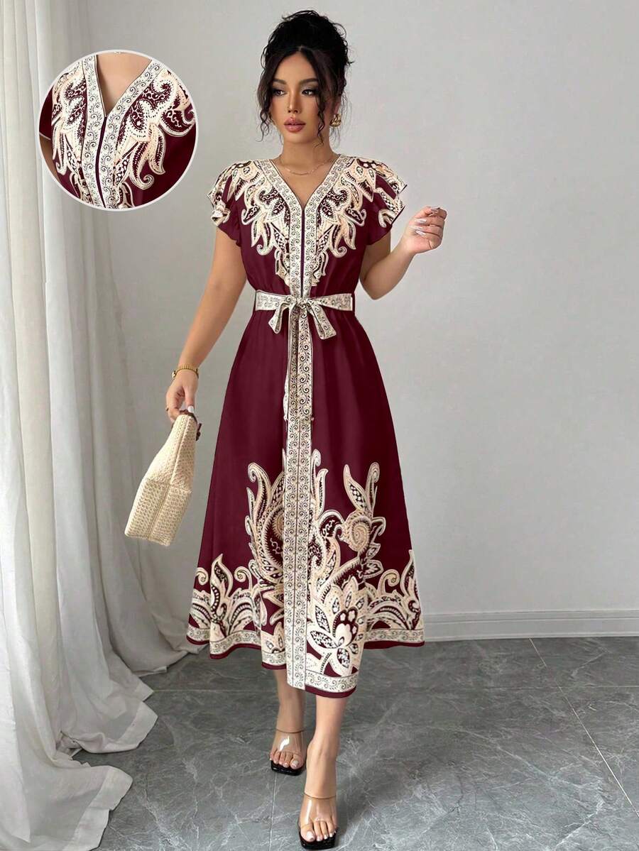 Elenzga Women's Romantic Vacation Bohemian Style Printed Dress - Burgundy - View 1