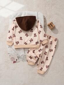 Cozy Pixies 2pcs Baby Boy Cartoon Bear Pattern Contrast Color Hooded Sweatshirt And Elastic Waist Pants Set - Khaki - View 2